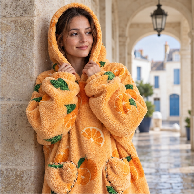 Poncho Plaid Orange, dans un intérieur côtier lumineux