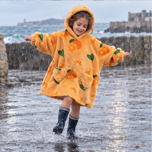 Poncho Plaid Orange, porté en mouvement au bord de l’océan