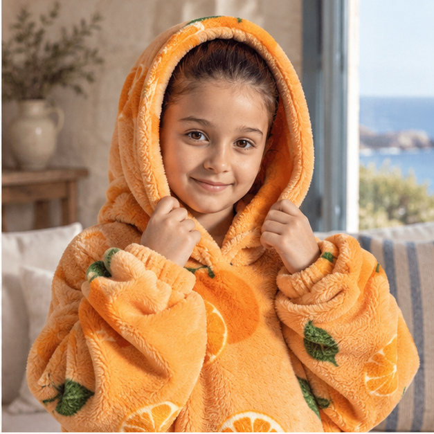 Poncho Plaid Orange – Orange / Enfant, dans un intérieur côtier lumineux