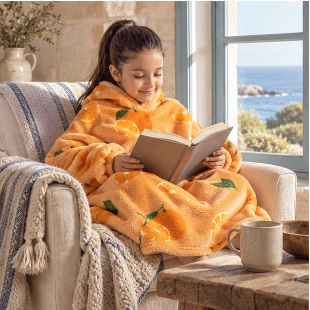 Poncho Plaid Orange – Orange / Enfant, porté en mouvement au bord de l’océan