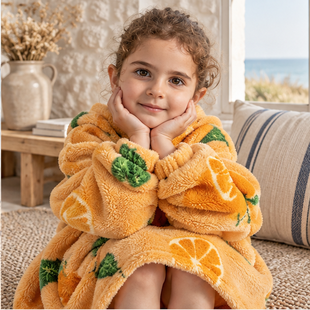 Poncho Plaid Orange – Orange / Bébé, dans un intérieur côtier lumineux