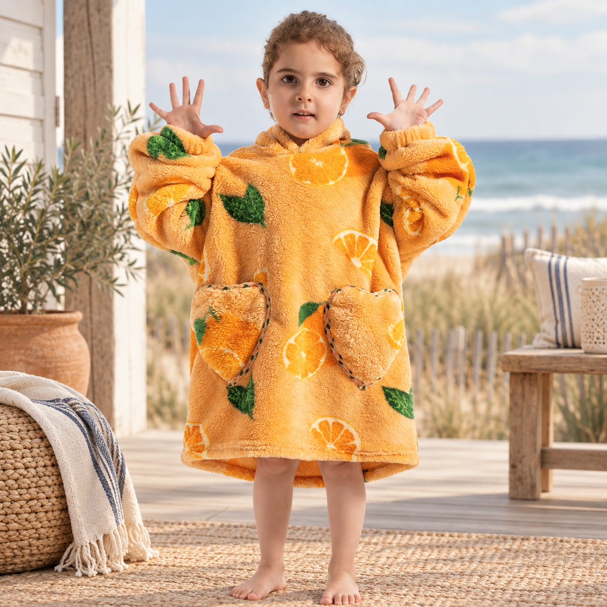 Poncho Plaid Orange – Orange / Bébé, visuel principal lifestyle