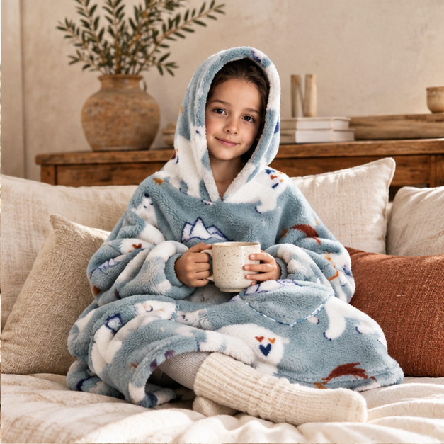 Poncho Plaid Ours Polaire, dans un intérieur côtier lumineux