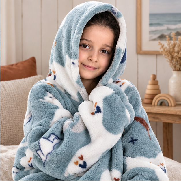 Poncho Plaid Ours Polaire – Bleu / Enfant, dans un intérieur côtier lumineux