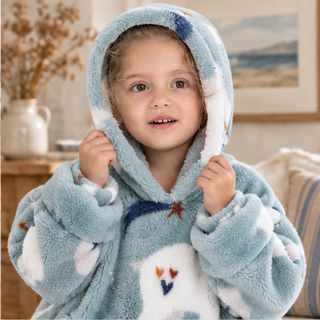 Poncho Plaid Ours Polaire – Bleu / Bébé, dans un intérieur côtier lumineux