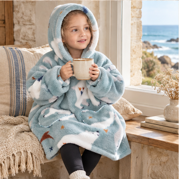 Poncho Plaid Ours Polaire – Bleu / Bébé, porté en mouvement au bord de l’océan
