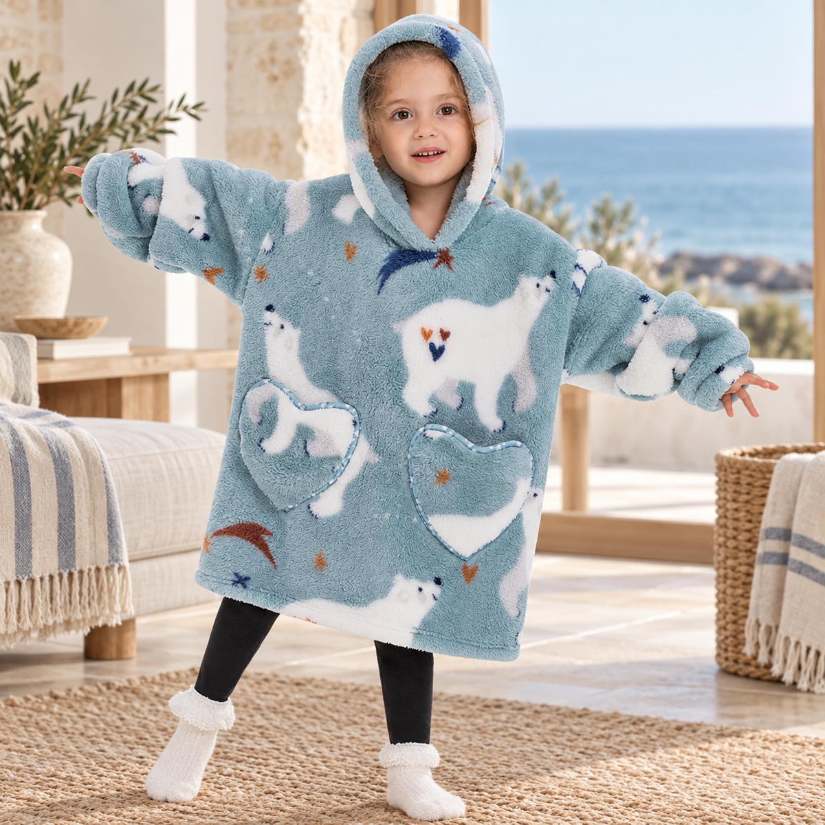 Poncho Plaid Ours Polaire – Bleu / Bébé, visuel principal lifestyle
