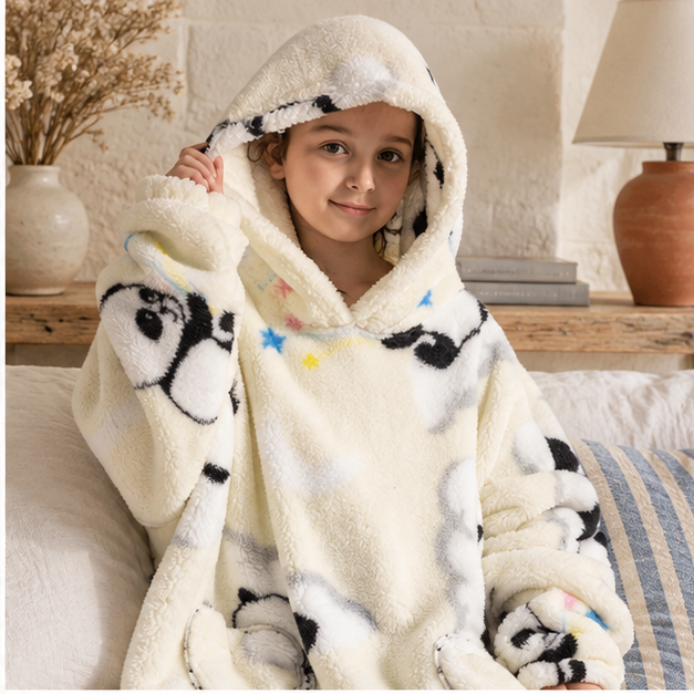 Poncho Plaid Panda, dans un intérieur côtier lumineux