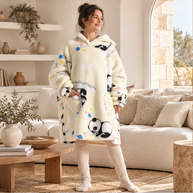 Poncho Plaid Panda – Beige / Enfant, en situation sur la côte Atlantique