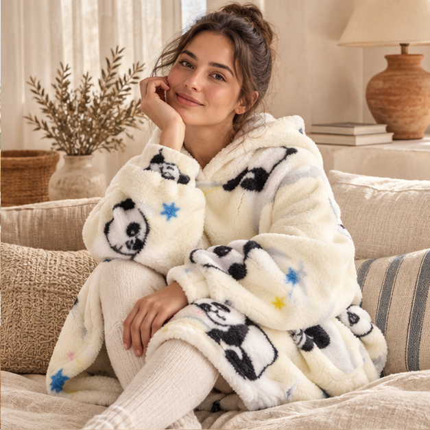 Poncho Plaid Panda – Beige / Enfant, dans un intérieur côtier lumineux