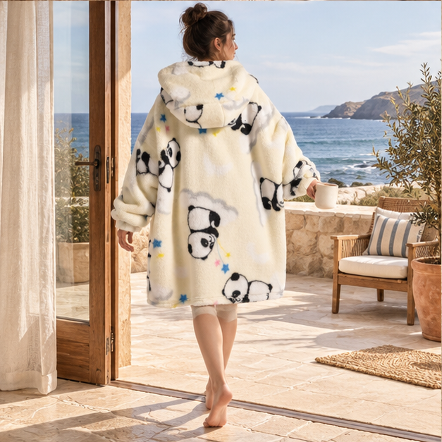 Poncho Plaid Panda – Beige / Enfant, porté en mouvement au bord de l’océan