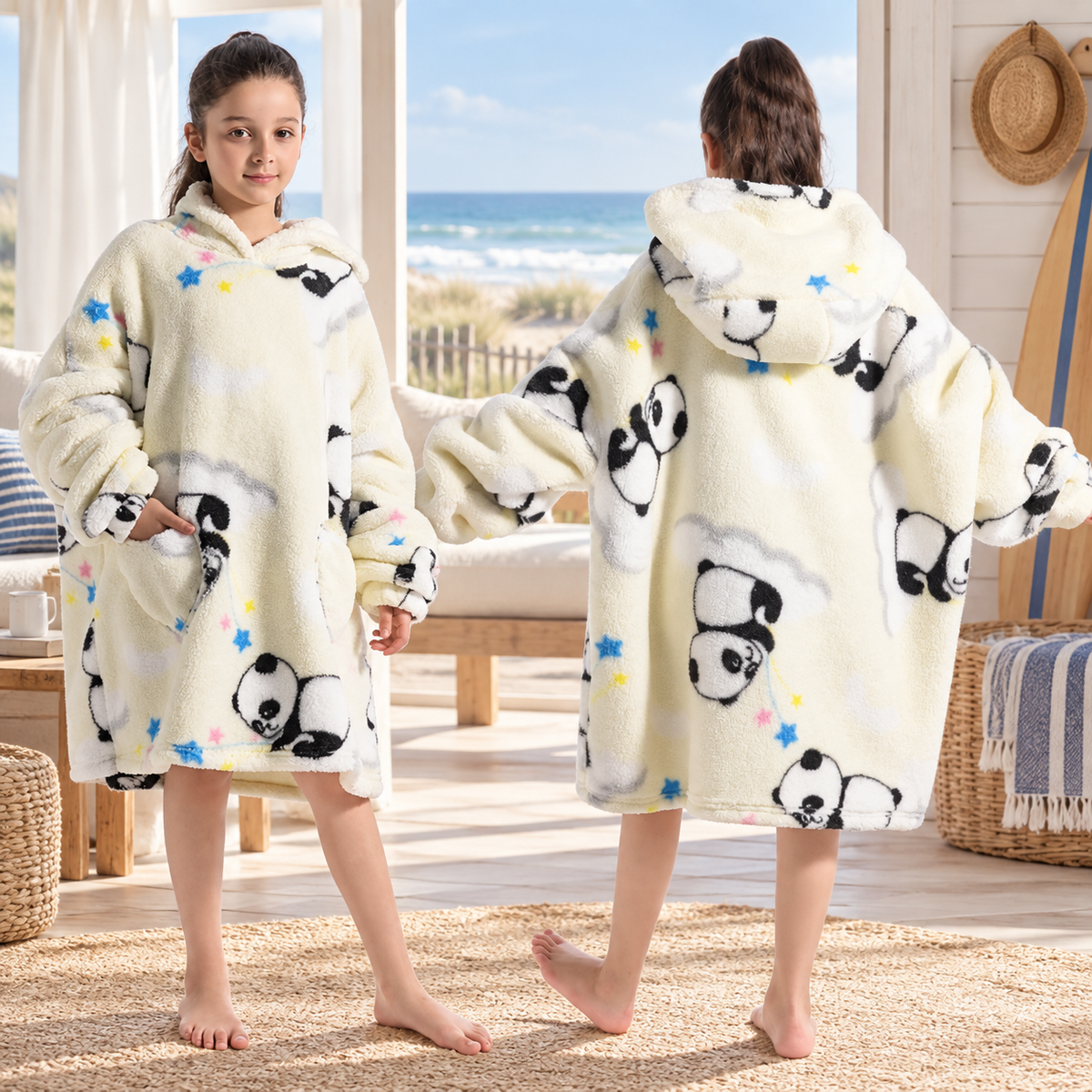 Poncho Plaid Panda – Beige / Enfant, visuel principal lifestyle