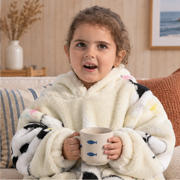 Poncho Plaid Panda – Beige / Bébé, dans un intérieur côtier lumineux