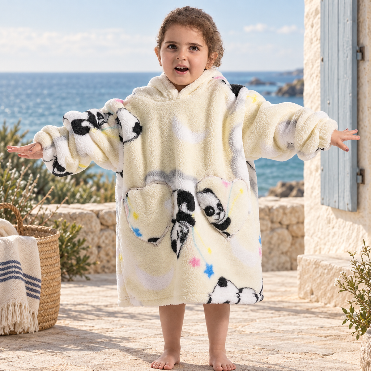Poncho Plaid Panda – Beige / Bébé, visuel principal lifestyle