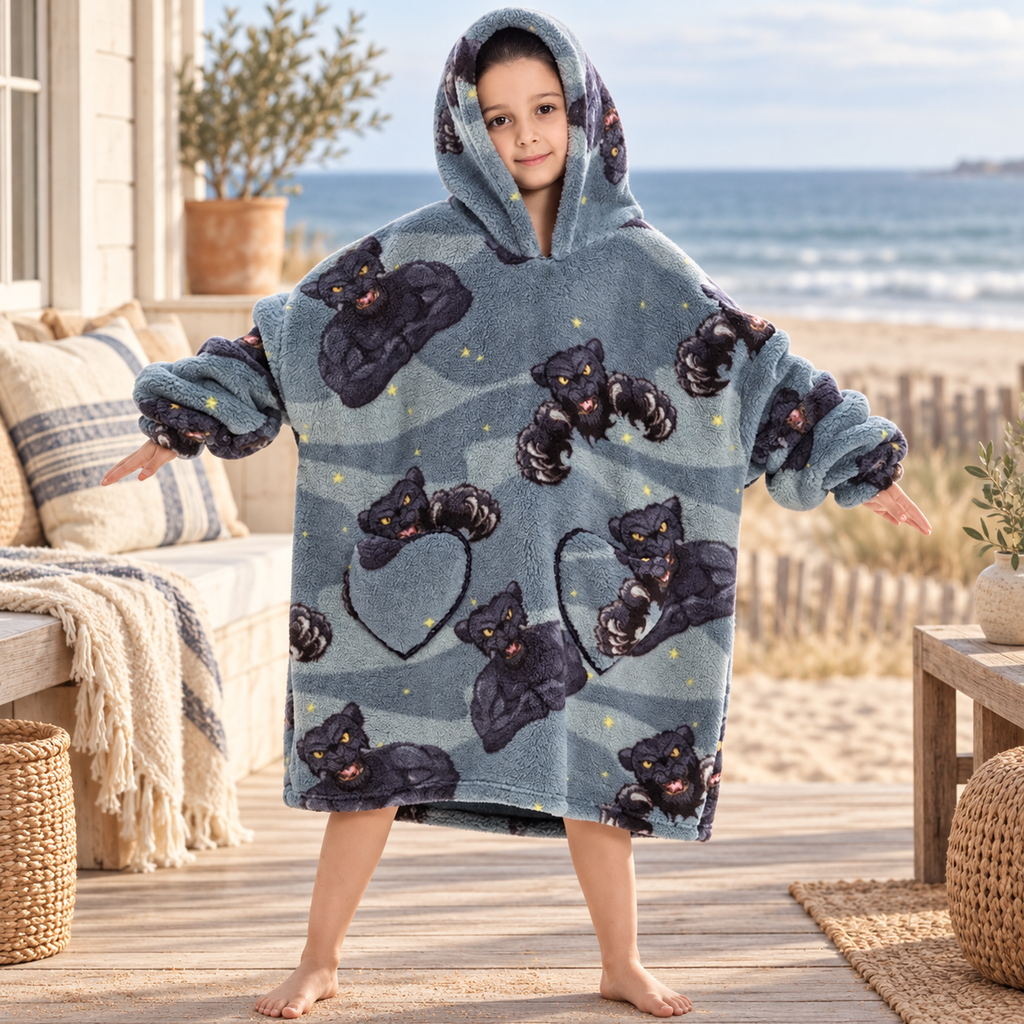 Poncho Plaid Panthère Noir – Gris Foncé / Enfant, visuel principal lifestyle