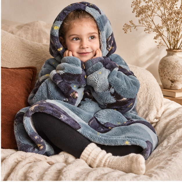Poncho Plaid Panthère Noir – Gris Foncé / Bébé, dans un intérieur côtier lumineux