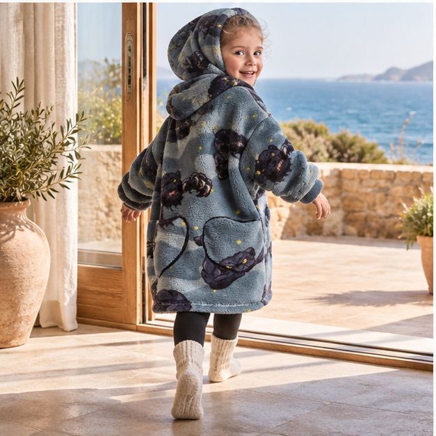 Poncho Plaid Panthère Noir – Gris Foncé / Bébé, porté en mouvement au bord de l’océan