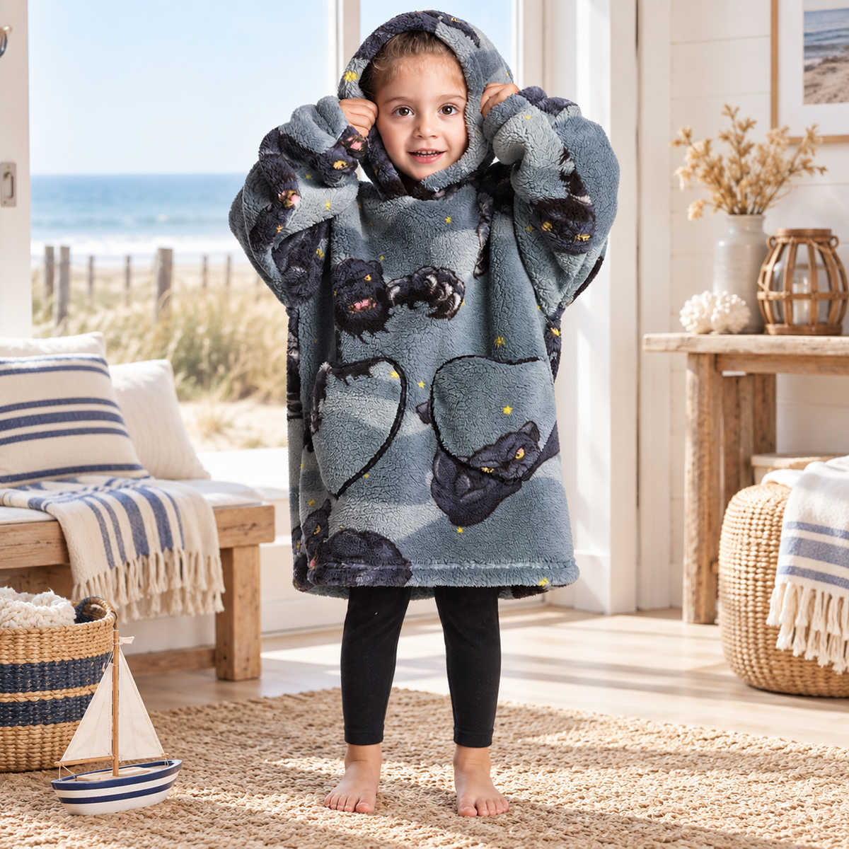 Poncho Plaid Panthère Noir – Gris Foncé / Bébé, visuel principal lifestyle