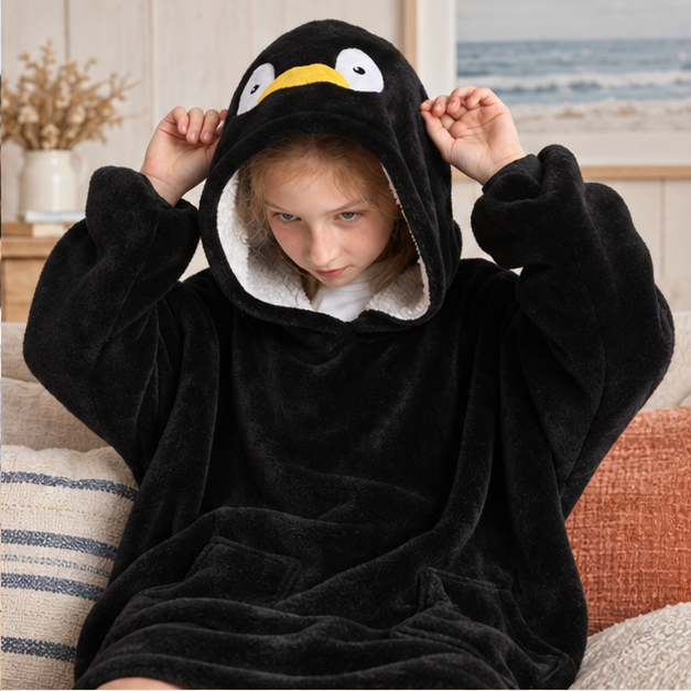 Poncho Plaid Pingouin – Noir / Enfant, dans un intérieur côtier lumineux