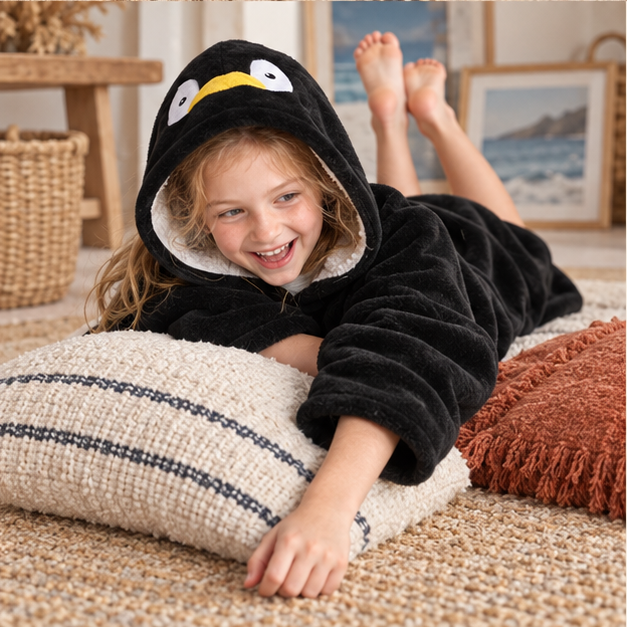 Poncho Plaid Pingouin – Noir / Enfant, porté en mouvement au bord de l’océan