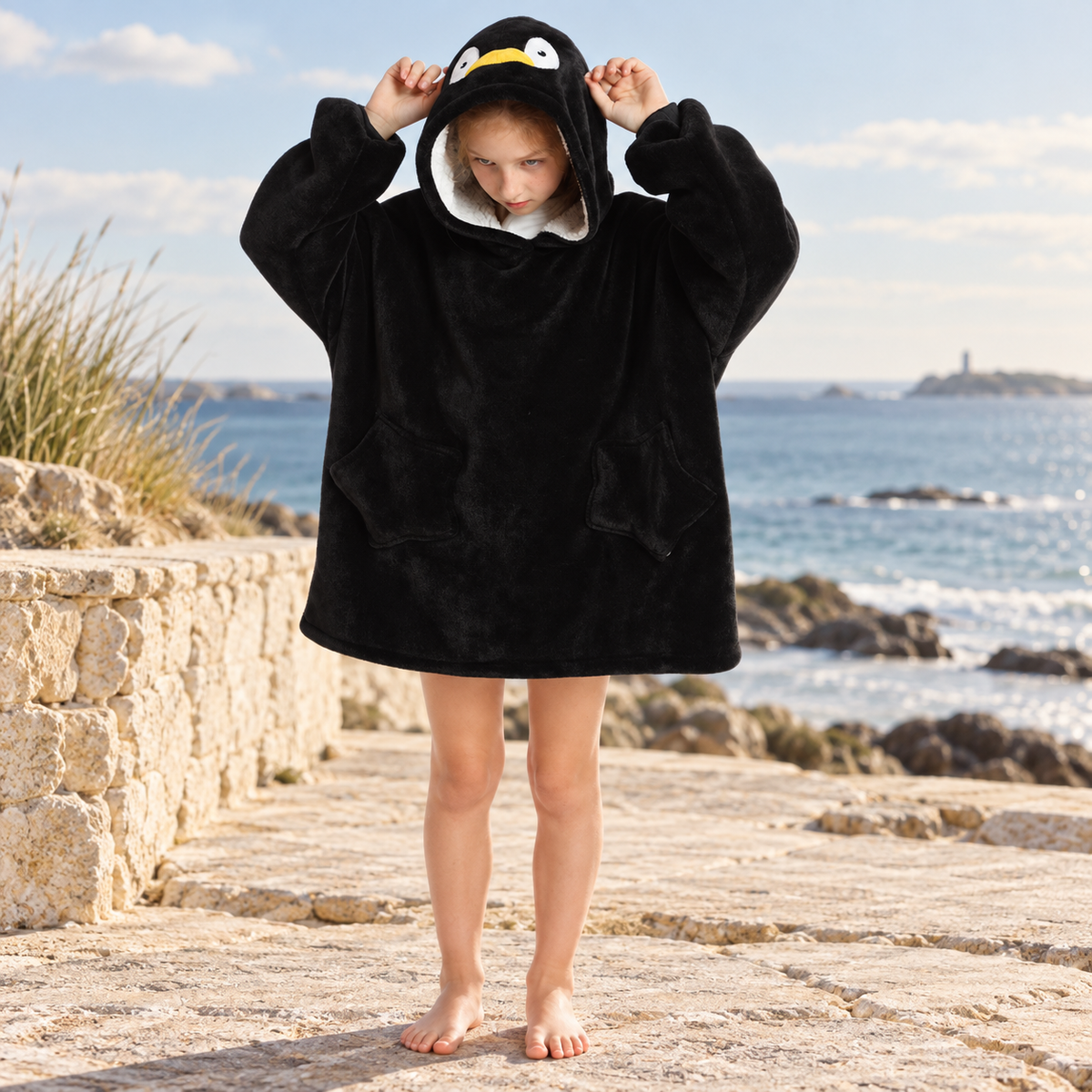 Poncho Plaid Pingouin – Noir / Enfant, visuel principal lifestyle