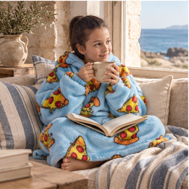 Poncho Plaid Pizza – Bleu / Enfant, porté en mouvement au bord de l’océan