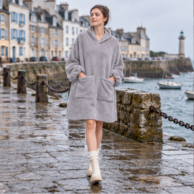 Poncho Plaid Polaire Femme – Gris / Adulte, en situation sur la côte Atlantique