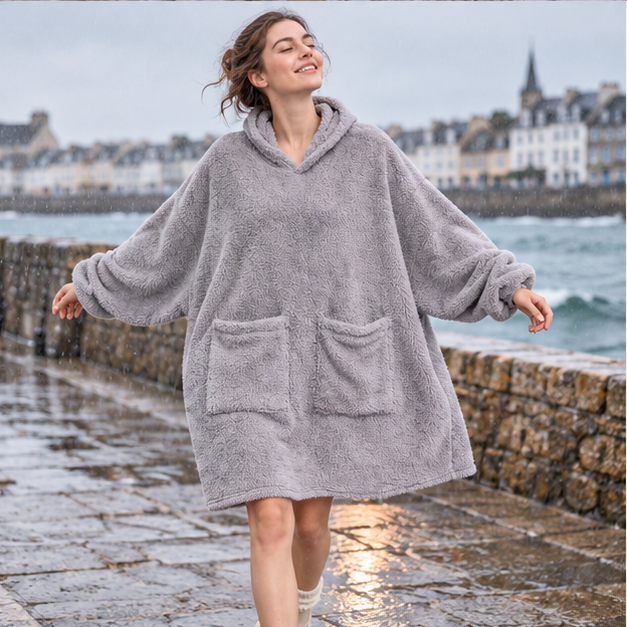 Poncho Plaid Polaire Femme – Gris / Adulte, porté en mouvement au bord de l’océan