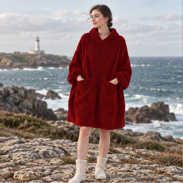 Poncho Plaid Polaire Femme – Rouge / Adulte, en situation sur la côte Atlantique