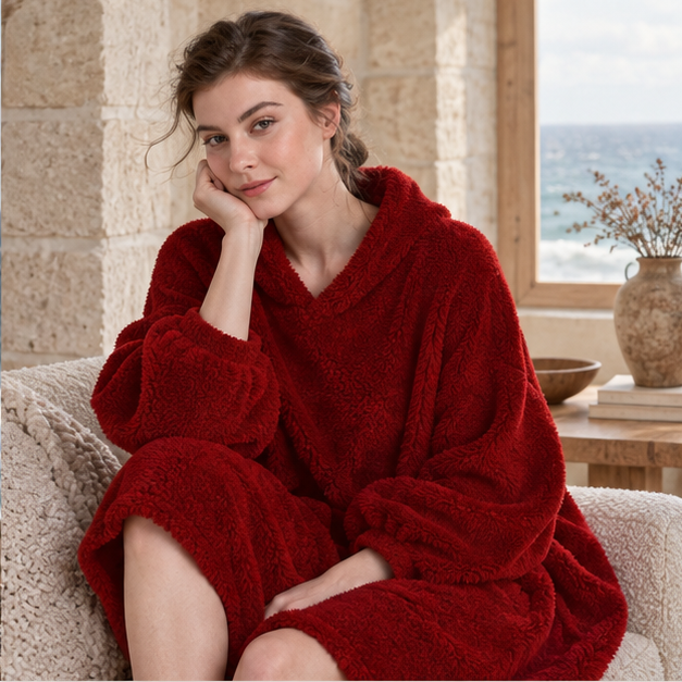 Poncho Plaid Polaire Femme – Rouge / Adulte, dans un intérieur côtier lumineux