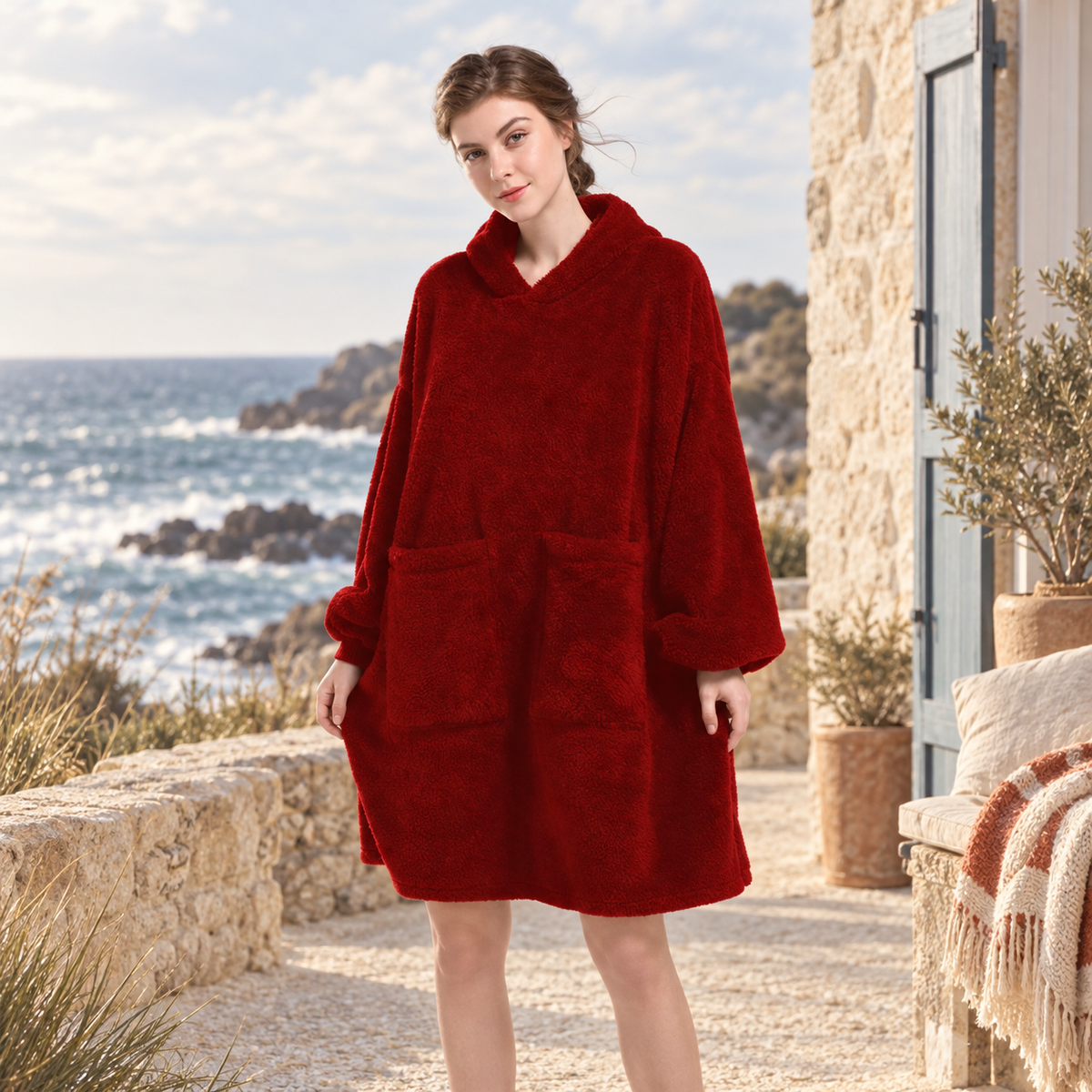Poncho Plaid Polaire Femme – Rouge / Adulte, visuel principal lifestyle