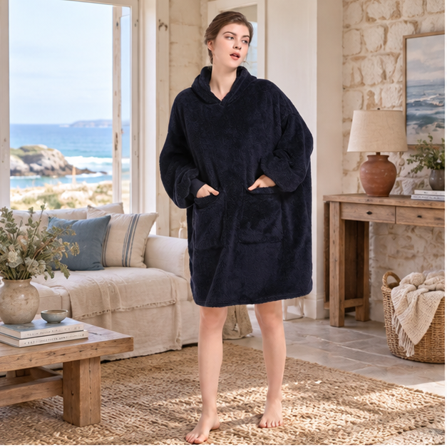 Poncho Plaid Polaire Femme – Bleu Marine / Adulte, en situation sur la côte Atlantique