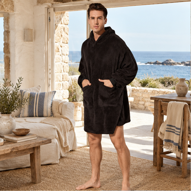 Poncho Plaid Polaire Homme – Noir / Adulte, en situation sur la côte Atlantique