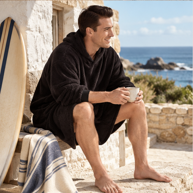 Poncho Plaid Polaire Homme – Noir / Adulte, porté en mouvement au bord de l’océan