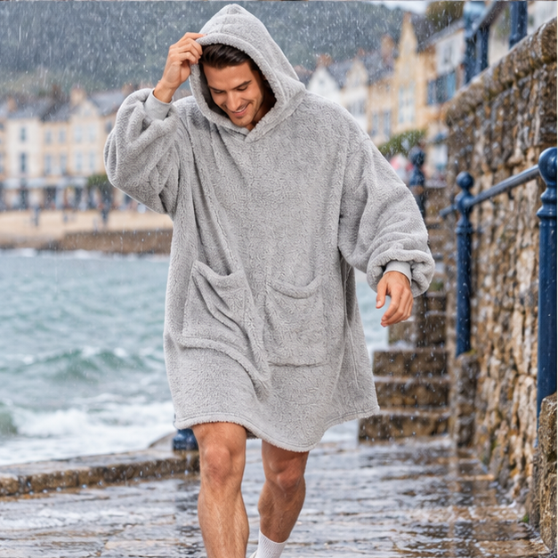 Poncho Plaid Polaire Homme – Gris / Adulte, porté en mouvement au bord de l’océan