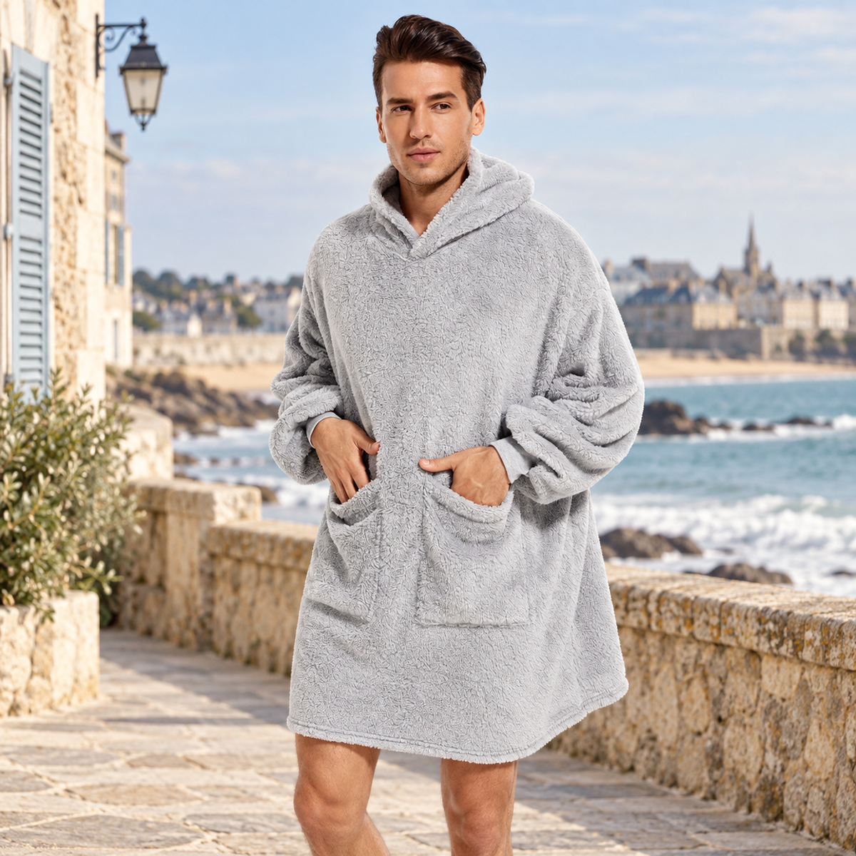 Poncho Plaid Polaire Homme – Gris / Adulte, visuel principal lifestyle