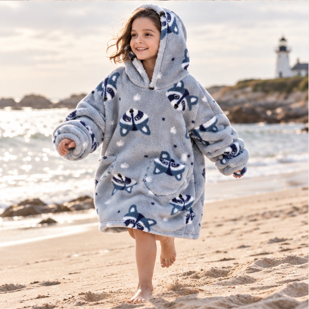 Poncho Plaid Raton Laveur, porté en mouvement au bord de l’océan