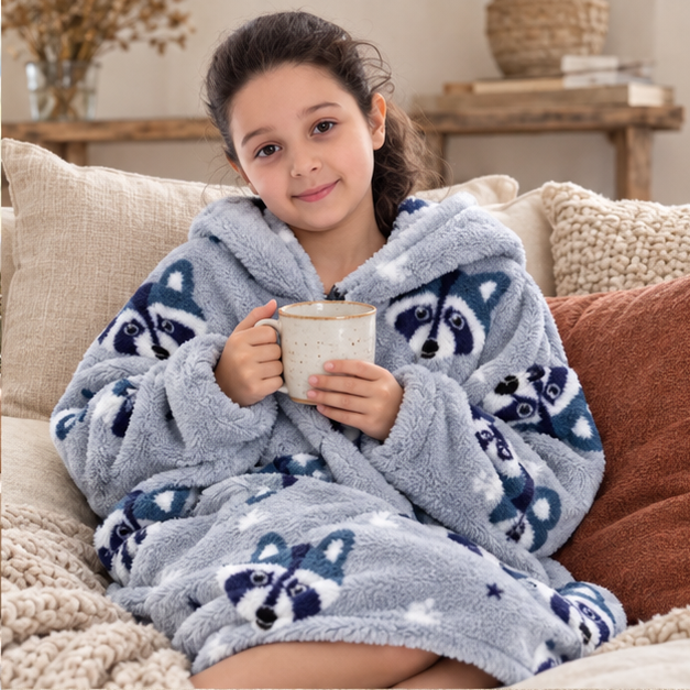 Poncho Plaid Raton Laveur – Gris / Enfant, dans un intérieur côtier lumineux