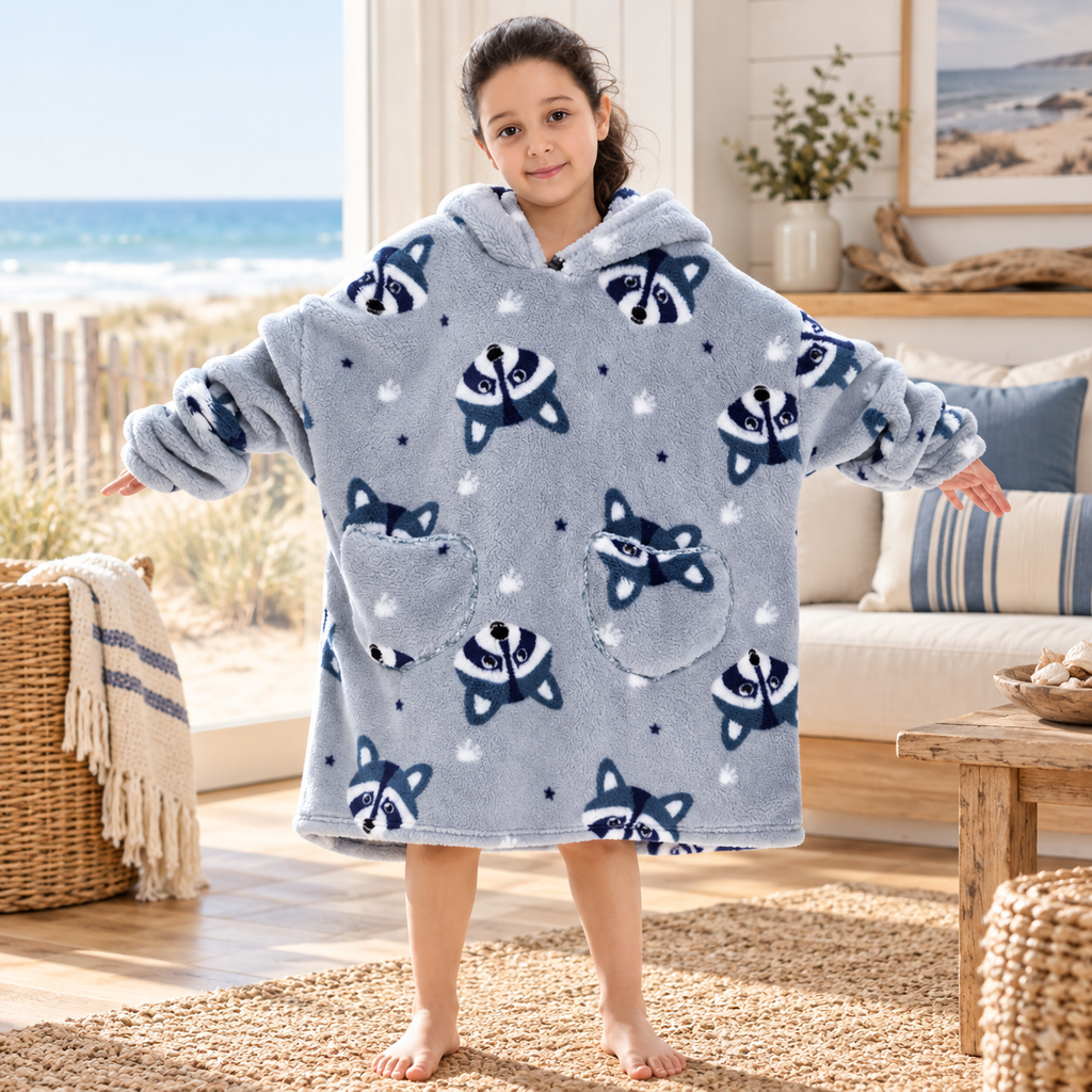 Poncho Plaid Raton Laveur – Gris / Enfant, visuel principal lifestyle