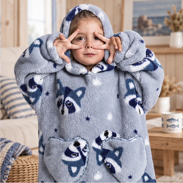 Poncho Plaid Raton Laveur – Gris / Bébé, dans un intérieur côtier lumineux