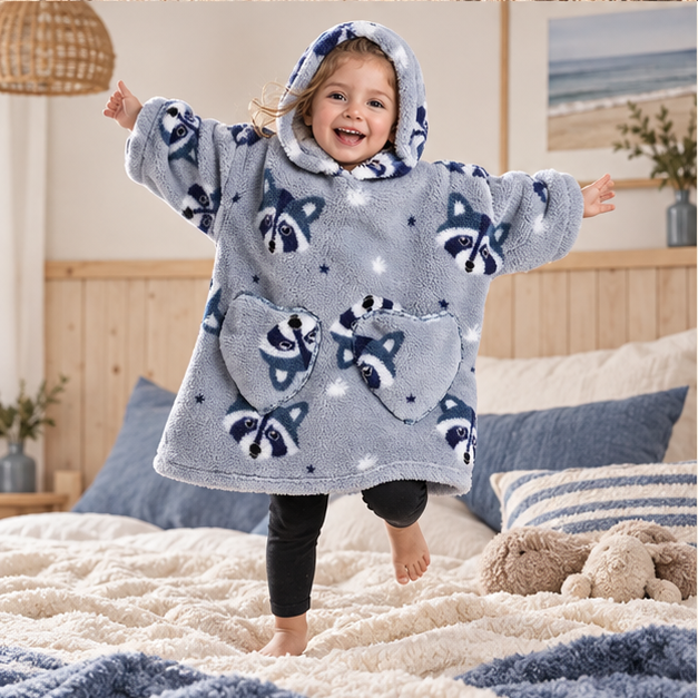 Poncho Plaid Raton Laveur – Gris / Bébé, porté en mouvement au bord de l’océan