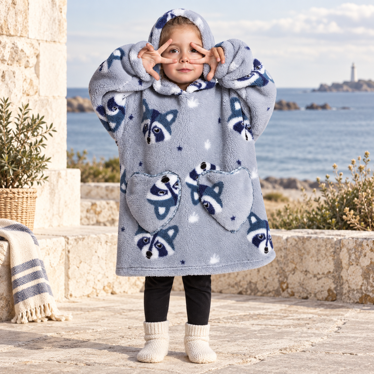 Poncho Plaid Raton Laveur – Gris / Bébé, visuel principal lifestyle
