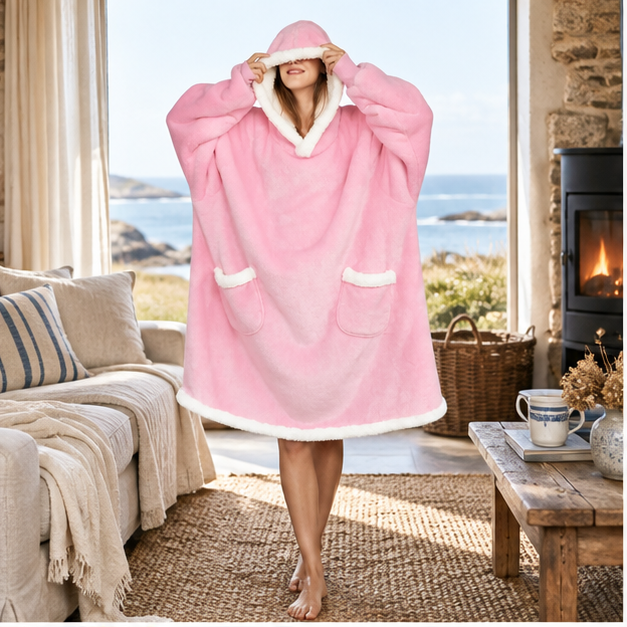 Poncho Plaid Rose – Rose / Adulte, en situation sur la côte Atlantique