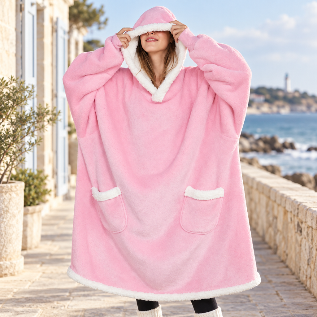Poncho Plaid Rose – Rose / Adulte, visuel principal lifestyle