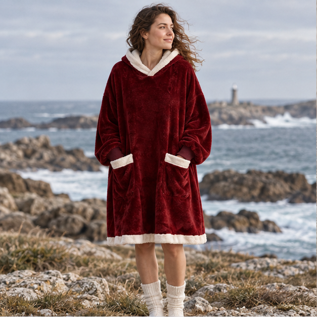 Poncho Plaid Rouge – Rouge / Adulte, en situation sur la côte Atlantique