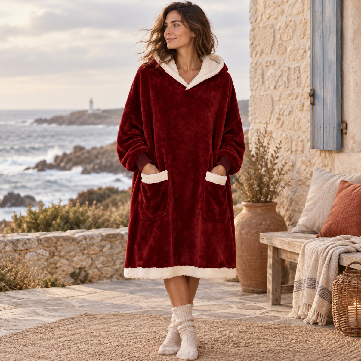 Poncho Plaid Rouge – Rouge / Adulte, visuel principal lifestyle