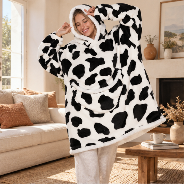 Poncho Plaid Vache – Blanc / Adulte, en situation sur la côte Atlantique