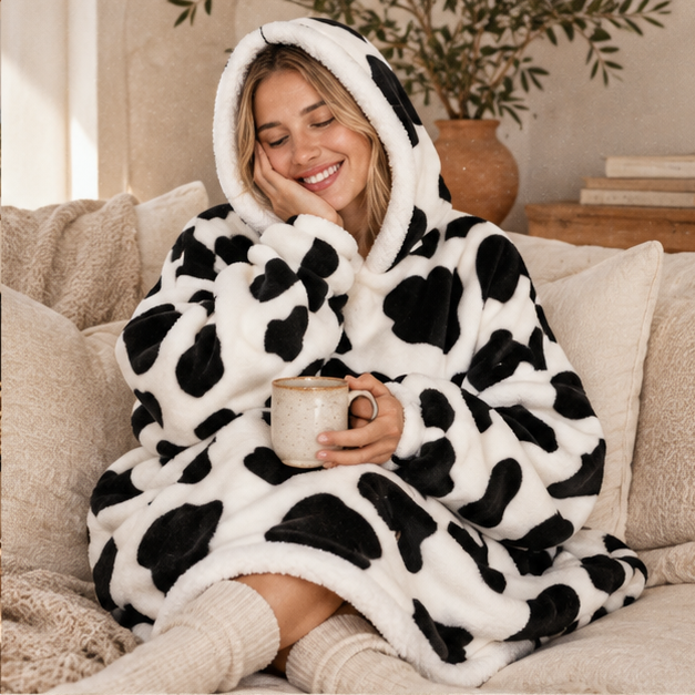 Poncho Plaid Vache – Blanc / Adulte, dans un intérieur côtier lumineux