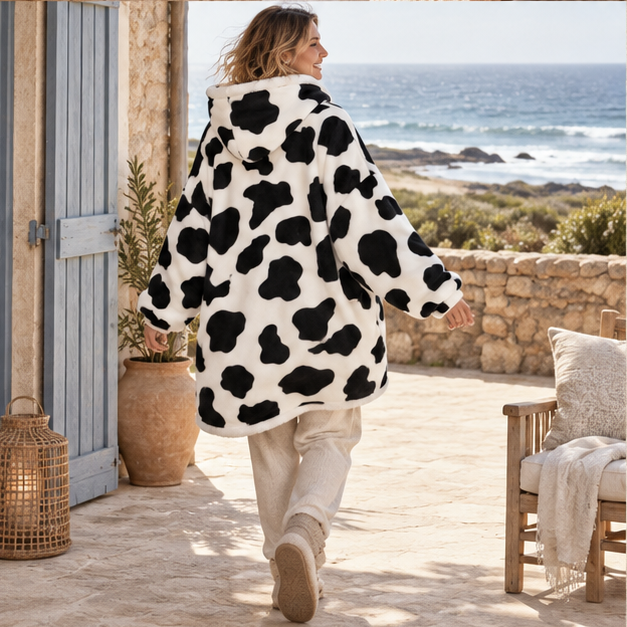 Poncho Plaid Vache – Blanc / Adulte, porté en mouvement au bord de l’océan