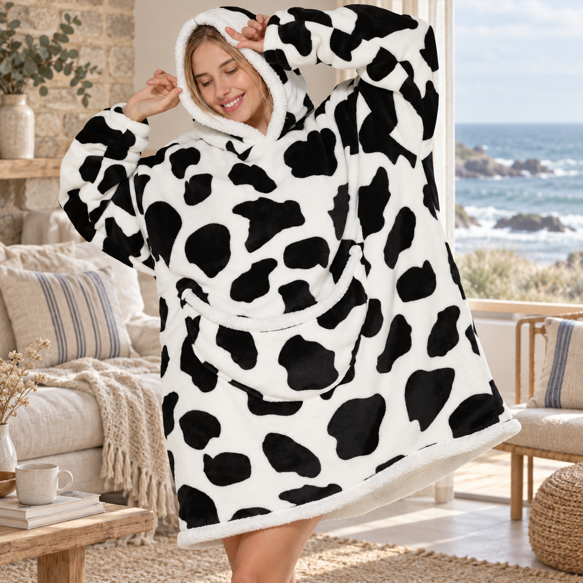 Poncho Plaid Vache – Blanc / Adulte, visuel principal lifestyle